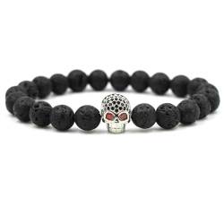 Wycian Silber Armband Ohne Anhänger, Totenkopf Armband Herren Perlen Lavagestein Kristall Schwarzes Metalllegierung Schädel 19cmx8mm 1er Naturstein von Wycian