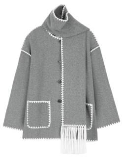 Wyeysyt Damen Bestickte Schal Jacke Oversized Button Down Wollmischung Mantel Mittellang Oberbekleidung mit Quaste Schal, GRAU, S von Wyeysyt