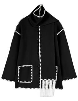 Wyeysyt Damen Bestickte Schal Jacke Oversized Button Down Wollmischung Mantel Mittellang Oberbekleidung mit Quaste Schal, Schwarzweiß, L von Wyeysyt