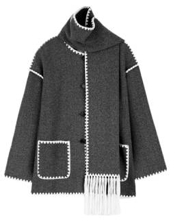 Wyeysyt Damen Bestickte Schal Jacke Oversized Button Down Wollmischung Mantel Mittellang Oberbekleidung mit Quaste Schal, dunkelgrau, M von Wyeysyt
