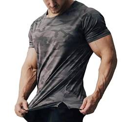 Herren Gym Workout T-Shirt Kurzarm Muscle Cut Bodybuilding Training Fitness T-Shirt Tops (Color : Gris, Size : L) von Wygwlg