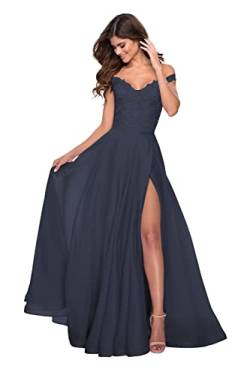 X/Y Off Shoulder Chiffon Brautjungfer Kleid 2022 Spitze Applikation Lange Abschlussballkleider Geschlitzte formelle Partykleider mit Taschen von X/Y