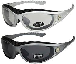 X-CRUZE 2er Pack Choppers 911 Sonnenbrillen Motorradbrille Sportbrille Radbrille - 1x Modell 05 (silber/annährend transparent) und 1x Modell 07 (anthrazit/schwarz getönt) - Modell 05 + 07 - von X-CRUZE
