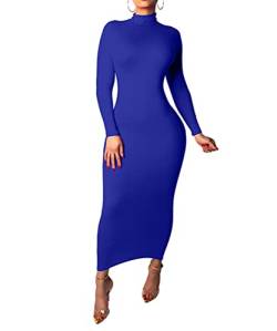 Frauen Rollkragenpullope Langarm Bodycon Maxi Kleid lässige Taille mit Röbel -Taille Solid Bleistiftkleid,Blau,M von X-xyA