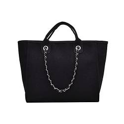 XACKWUERO Damen Modische klassische Handtasche aus Segeltuch, große Kapazität, Schultertasche, Einkaufstasche mit Kette Schultergurt (Schwarz) von XACKWUERO