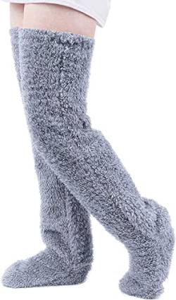 XACKWUERO Plüsch Pantoffel Strümpfe Pelz lange Beinwärmer für Frauen Männer über Knie hoch Fuzzy Socken Winter Home Schlafen Socken (Hellgrau) von XACKWUERO