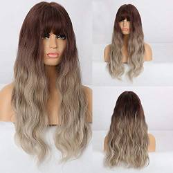 Frontalperücken, Synthetische Perücke, Natürliche Wellenperücke, Pony, Ombre, Schwarz, Beige, Grau, Perücke, Synthetisches Langes Haar, Hitzebeständiges Faserhaar Für Frauen, B, 16 Zoll (26 Zoll|A) von XAoSCd