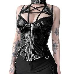 XCJIKUKE Frauen Gothic Crop Top Goth Grunge Leder Cami Tank Tops Y2k T-Shirt Punk Camisole Streetwear Weste, Schwarz 1, Groß von XCJIKUKE