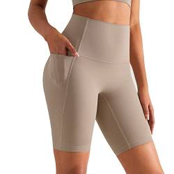 XDSP Damen Kurze Leggings Damen Yoga Shorts Kurze Leggings mit Handytasche Fitness Shorts (L, Khaki) von XDSP