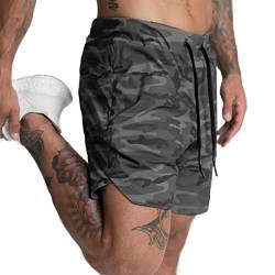 XDSP Herren Sport Shorts Schnell Trocknend Kurze Hosen Herren Leichte Laufhose, Gymshorts, Trainingsshorts (Camouflage grau, S von XDSP