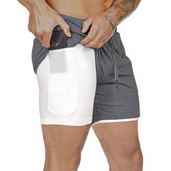 XDSP Shorts Herren 2 in 1 Trainingsshorts Sommer Kurze Hosen Schnelltrocknende Laufshorts, Trainingsshorts Sporthose mit Taschen Kompressionsshorts (Grau, L) von XDSP