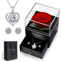 XDeer Schmuckset Ewige Rose mit Herz Halskette und Ohrringe aus 925 Sterlingsilber, Konservierte Blumen Rosenbox,Rose Geschenk für Frauen,Schmuckset von XDeer