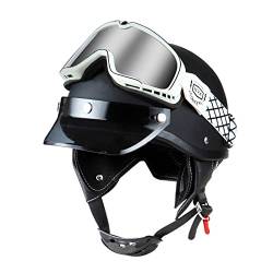 Retro Motorrad Half Helme Oldtimer Scooter Jet-Helm mit Goggles für Herren Damen Sicherheits Antikollisions Brain-Cap DOT/ECE-Zulassung Alle Jahreszeiten 2,XL=61-62cm von XELLOM