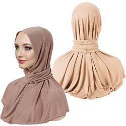 XEPST 2 STÜCK Instant Hijab für Frauen, Snap Hijab für Frauen Muslimische Hijab-Unterkappe mit Knöpfen Einfarbige Modale Islamische Turban-Kopfwickel Hijab-Schal für Frauen, Khaki + Beige von XEPST
