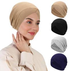 XEPST 4 STÜCK Hijab-Unterkappe für Frauen, islamische muslimische Unter-Hijab-Kappe Kreuz-Turban-Untertuch Einfarbige Unterkappe Motorhaube Innenkopfwickel Haarturbane für Frauen Chemo-Schlafmütze von XEPST
