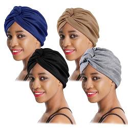 XEPST 4 Stücke Turban Damen Baumwolle Chemo Hüte, Turban für Frauen Vorgebunden Beanie Kopfbedeckung Plissee Mütze Weich Turban Kopfwickel Kappe Haarausfall Hut von XEPST