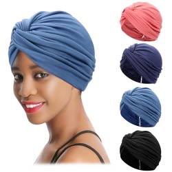 XEPST 4 Stücke Turban Damen Chemo Hüte, Chemotherapie Krebs Hut für Frauen Vorgebunden Beanie Kopfbedeckung Plissee Mütze Weich Turban Kopfwickel Kappe Haarausfall Hut von XEPST