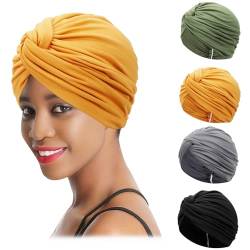 XEPST 4 Stücke Turban Damen Chemo Hüte, Turban für Frauen Vorgebunden Beanie Kopfbedeckung Plissee Mütze Weich Turban Kopfwickel Kappe Haarausfall Hut von XEPST
