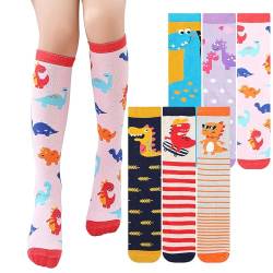 XEPST 6 Paar Mädchen Kniestrümpfe - Cartoon Design Warme Baumwollkniestrümpfe Mittler-Wadenstiefel Socken Lustige Socken für die Schule Ungerade Socken Tag 3-12 Jahre Mädchen-Einheitsgröße,Dinosaurier von XEPST