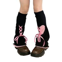 XEPST Lose Gestrickte Beinwärmer für Damen, Winter Stulpen Y2K Japanische Lolita Beinstulpen Lange Socken Kawaii Häkeln Beinwärmer Leg Warmers y2k für Damen (Schwarz+Pink) von XEPST