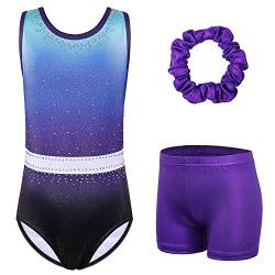 XFGIRLS Gymnastik-Shorts für Mädchen, glitzernd, Balletttanz, Tumbling, athletische Shorts, Trikot für Mädchen, 3–12 Jahre, blau_violett, 11-12 Jahre von XFGIRLS