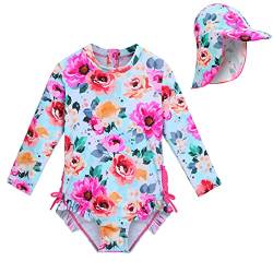 XFGIRLS UV-beständiger Badeanzug mit Langen Ärmeln für Mädchen von 0 Monaten bis 6 Jahren (1-2 Jahre, Heiße RosenblumeA) von XFGIRLS