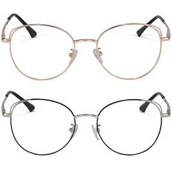 XFentech Blaulichtfilter Brille - Damen Herren UV400 Schutz Klassische Metall Oval Rahmen Klare Linse Brille Dekobrillen Gaming Computerbrillen, C2 Roségold + C5 Schwarz-Silber von XFentech