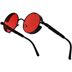 XFentech Klassische Polarisierte Sonnenbrille - Steampunk Sonnenbrille Retro Brillen mit Rundem Metallrahmen UV400 Schutz für Herren Damen, A1 Schwarz Rahmen - Rot Gläser von XFentech