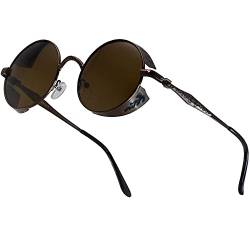 XFentech Klassische Polarisierte Sonnenbrille - Steampunk Sonnenbrille Retro Brillen mit Rundem Metallrahmen UV400 Schutz für Herren Damen, A2 Braun Rahmen - Braun Gläser von XFentech