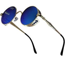 XFentech Klassische Polarisierte Sonnenbrille - Steampunk Sonnenbrille Retro Brillen mit Rundem Metallrahmen UV400 Schutz für Herren Damen, A2 Gold Rahmen - Blau Gläser von XFentech