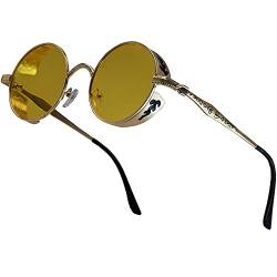XFentech Klassische Polarisierte Sonnenbrille - Steampunk Sonnenbrille Retro Brillen mit Rundem Metallrahmen UV400 Schutz für Herren Damen, A2 Gold Rahmen - Gelb Gläser von XFentech
