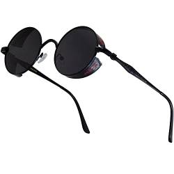XFentech Klassische Polarisierte Sonnenbrille - Steampunk Sonnenbrille Retro Brillen mit Rundem Metallrahmen UV400 Schutz für Herren Damen, A2 Schwarz Rahmen - Grau Gläser von XFentech