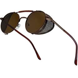 XFentech Steampunk Brille - Runde Polarisierte Retro Vintage Sonnenbrille für Männer Frauen, A1 Brauner Rahmen - Braune Linsen von XFentech