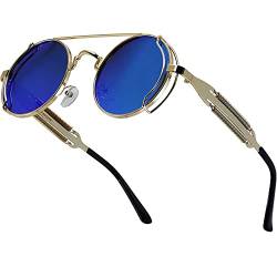 XFentech Vintage Ovale Sonnenbrille - Retro Sonnenbrille Steampunk Stil Runde Metallrahmen Polarisiert Brille für Herren Damen, B1 Goldrahmen - Blaue Linsen von XFentech
