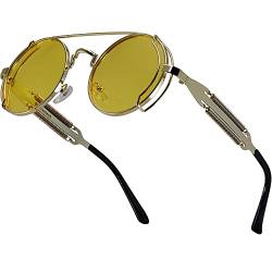 XFentech Vintage Ovale Sonnenbrille - Retro Sonnenbrille Steampunk Stil Runde Metallrahmen Polarisiert Brille für Herren Damen, B1 Goldrahmen - Gelbe Linsen von XFentech