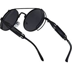 XFentech Vintage Ovale Sonnenbrille - Retro Sonnenbrille Steampunk Stil Runde Metallrahmen Polarisiert Brille für Herren Damen, B1 Schwarzer Rahmen - Schwarze Linsen von XFentech