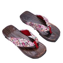 XGOPTS Japanisch Slippers Holz Zehentrenner Damen Mädchen Sandalen Rutschfest Schlappen Blumenmuster Strandschuhe Weich Atmungsaktiv Schlappen Elegant Outdoor Strand Spa Kimono Yukata von XGOPTS