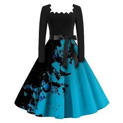 Cocktailkleid Damen Knielang Langarm Abendkleider Farbverlauf Vintage Herbstkleid Damen Mit Gürtel A Linie Rockabilly Kleider Damen Elegant U Ausschnitt Kleider Für Hochzeitsgäste Festliche von XIADUOBAAN