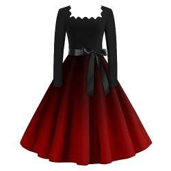 Cocktailkleid Damen Knielang Langarm Abendkleider Farbverlauf Vintage Herbstkleid Damen Mit Gürtel A Linie Rockabilly Kleider Damen Elegant U Ausschnitt Kleider Für Hochzeitsgäste Festliche von XIADUOBAAN