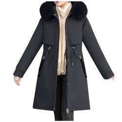 Daunenjacke Damen,Knielang Mit Kapuze Fleece Winterjacke Damen Langarm Steppjacke Damen Mit Reissverschluss Einfarbig Übergangsjacke Damen Mit Taschen Winter Jacke Damen Druckknopf Kordelzug von XIADUOBAAN