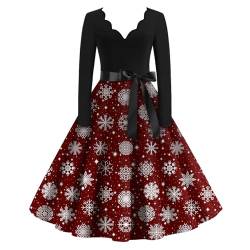 Rockabilly Kleider Damen Weihnachten Kariert Knielang Weihnachtskleid Damen V Ausschnitt Langarm Kleid Damen Elegant A Linie Partykleid Damen Hohe Taille Abendkleider Mit Gürtel Rot Grün von XIADUOBAAN