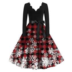 Rockabilly Kleider Damen Weihnachten Kariert Knielang Weihnachtskleid Damen V Ausschnitt Langarm Kleid Damen Elegant A Linie Partykleid Damen Hohe Taille Abendkleider Mit Gürtel Rot Grün von XIADUOBAAN