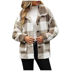 Teddyjacke Damen Flauschig Hüftlang Langarm Winterjacke Damen Kariert Mit Knopfleiste Sweatjacke Damen Mit Kragen Gefüttert Mantel Damen Winter Warm Jacke Damen Mit Taschen Damenjacke Locker von XIADUOBAAN