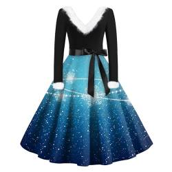 Weihnachten Cocktailkleid Damen Fleece V-Ausschnitt Vintage Weihnachtskleid Damen Lang Langarm Winterkleid Damen Mit Gürtel A-Linie Rockabilly Kleider Damen Elegant Festliche Kleider von XIADUOBAAN