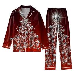 Weihnachten Hausanzug Damen Kuschelig Satin Zweiteiliger Christmas Pyjama Damen V-Ausschnitt mit Knopfleiste mit Kragen Sterne Langarm Schlafanzug Oberteil Lang Hose Nachtwäsche mit Taschen von XIADUOBAAN