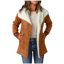 Wildleder Winterjacke Damen Mit Schalkragen Hüftlang Vintage Fleece Jacke Damen Einfarbig Mode Lederjacke Cardigan Damen Elegant Mantel Damen Langarm Mit Taschen Winter Warm Gefüttert Lässig von XIADUOBAAN