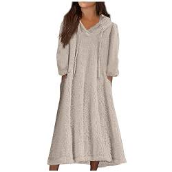 Winterkleid Damen Fleece Lang Langarm Winter Kleider Damen Mit Kapuze Warm Maxikleid Damen V Ausschnitt Mit Taschen Kleid Damen Elegant Einfarbig Hauskleid Damen Innenfutter Schlafkleid Damen von XIADUOBAAN