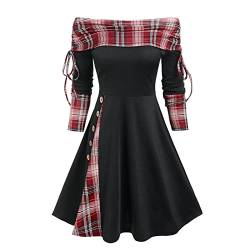 Winterkleid Damen Kashmir Schulterfrei Herbstkleid Damen Knielang Vintage Kariert Carmen Damen Kleider Elegant Langarm Sterne Mit Knopfleiste Rockabilly Kleider Damen A Linie Hohe Taille von XIADUOBAAN