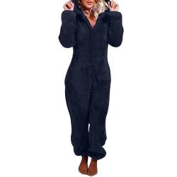 XIADUOBAAN Fleece Jumpsuit Damen mit Ohren Kapuze Reißverschluss Lang Overall Teddy Einteiler Winter Warm Schlafanzug Pyjama Kuschelig Elegant Einfarbig Hausanzug Damen Flauschig Weich Schlafoverall von XIADUOBAAN