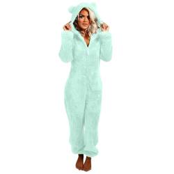 XIADUOBAAN Fleece Jumpsuit Damen mit Ohren Kapuze Reißverschluss Lang Overall Teddy Einteiler Winter Warm Schlafanzug Pyjama Kuschelig Elegant Einfarbig Hausanzug Damen Flauschig Weich Schlafoverall von XIADUOBAAN